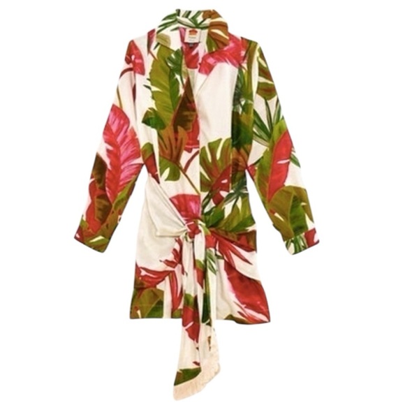 FARM Rio Spring Forest Floral Front Wrap Long Sleeve Shirt Mini Dress NEW Small - Picture 10 of 15